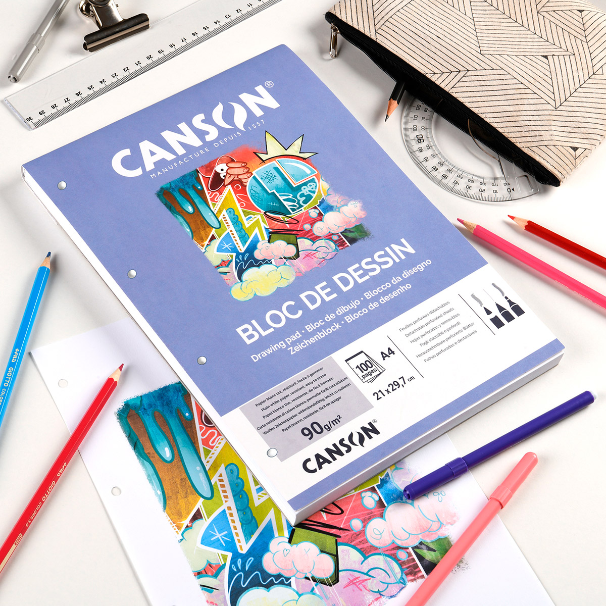 Feuillets Mobiles Canson Dessin 90g/m² | Format 24x32cm | 100 Pages Perforées | Papier à Grain Pour Crayons, Fusains | Idéal Pour Carnets Et Classeurs